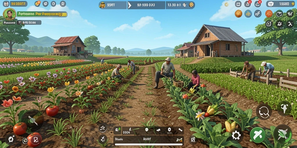 Tampilan gameplay seru 55RT dengan aktivitas bertani yang menarik.