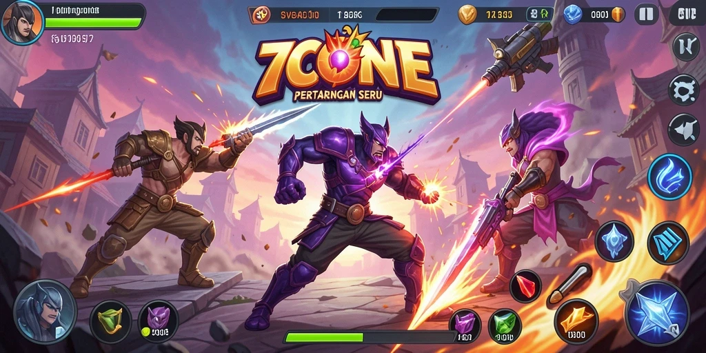 Gameplay 7CONE dengan pertarungan yang intens dan karakter beragam.