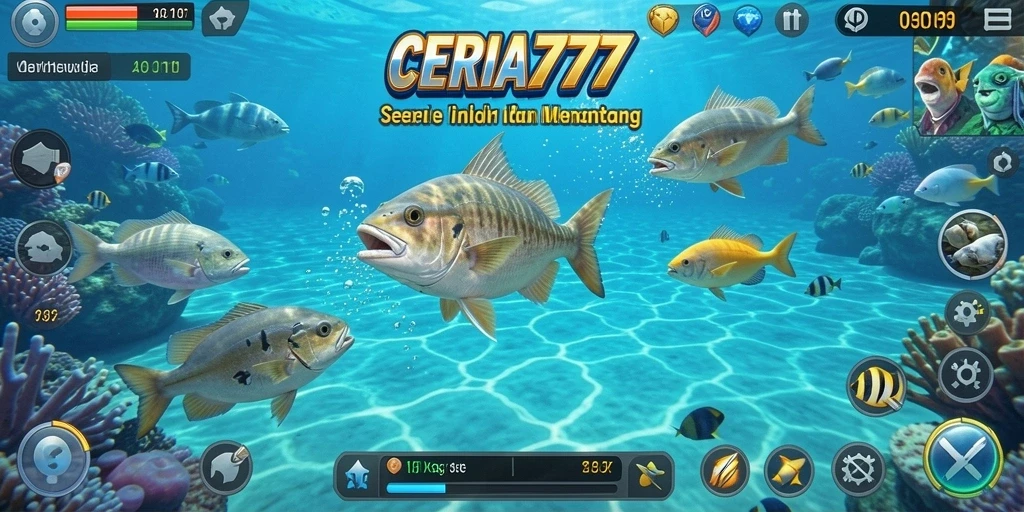 Screenshot utama CERIA777 menampilkan aksi seru menembak ikan.