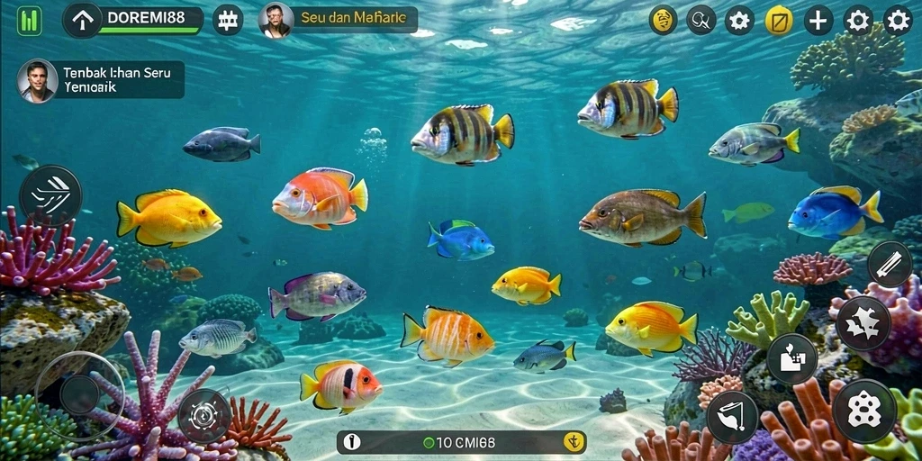 Tampilan gameplay DOREMI88 dengan ikan berwarna-warni dan aksi tembak-menembak.