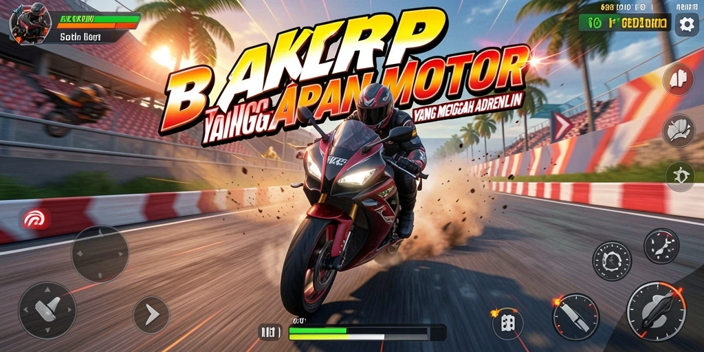 Tangkapan layar utama KKRP menampilkan balapan motor yang seru di trek yang menantang.