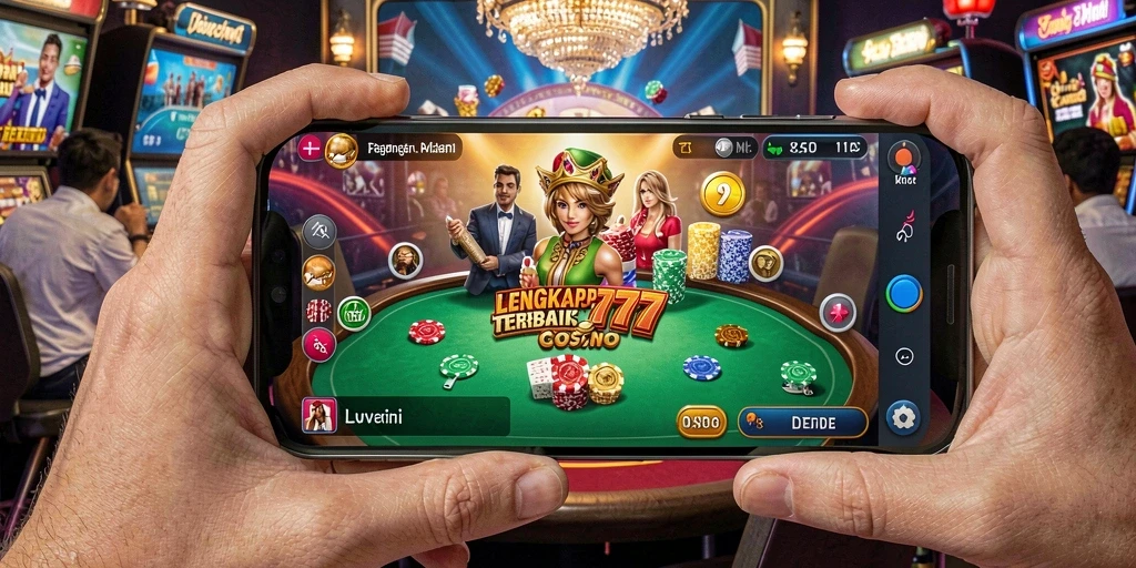 Screenshot gameplay LENGKAP777 yang menampilkan dealer langsung dan suasana kasino.