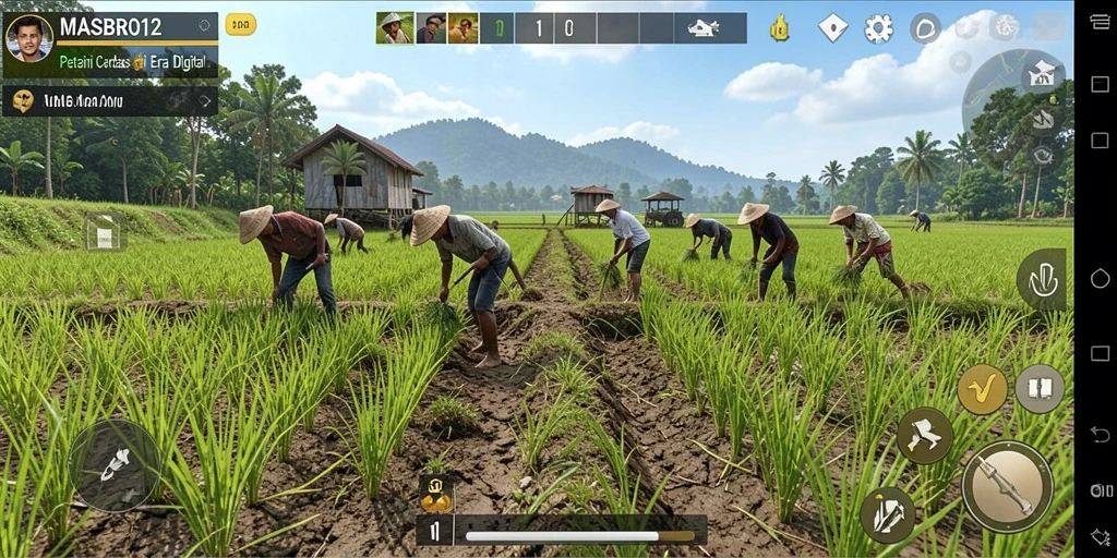 Tangkapan layar utama MASBRO12 menampilkan petani yang sedang merawat tanaman di ladangnya.