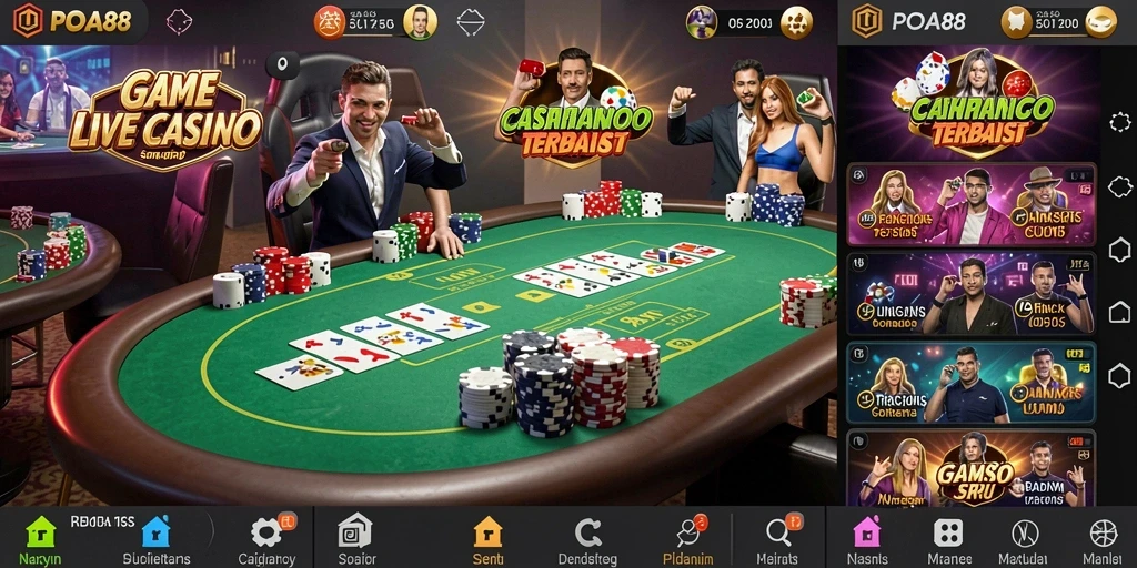 Tampilan gameplay Live Casino dengan dealer langsung dan meja permainan.