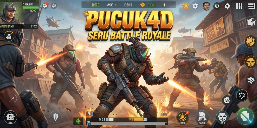 Tangkapan layar utama PUCUK4D yang menampilkan tindakan seru di medan perang Battle Royale.