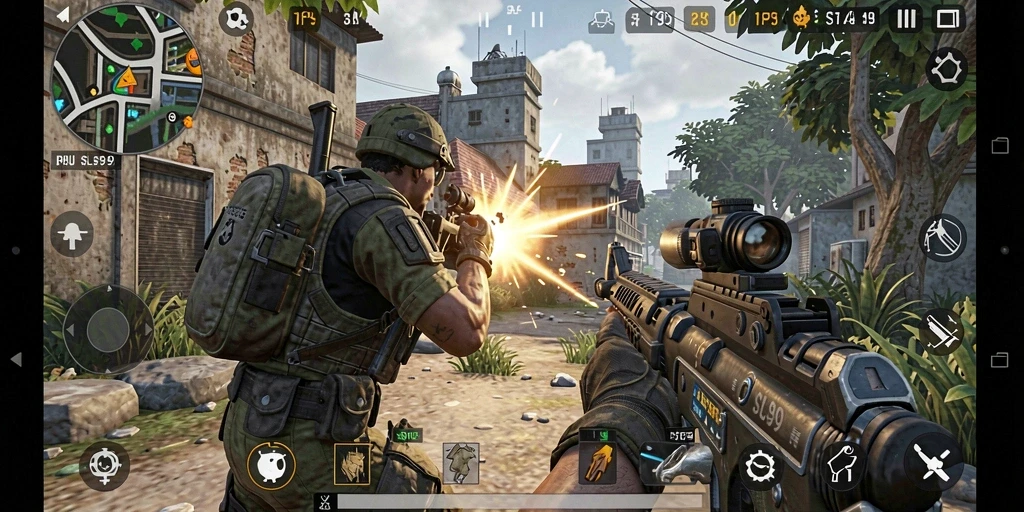 Tampilan gameplay seru dan intens dalam SL999, menunjukkan aksi menembak yang mendebarkan.