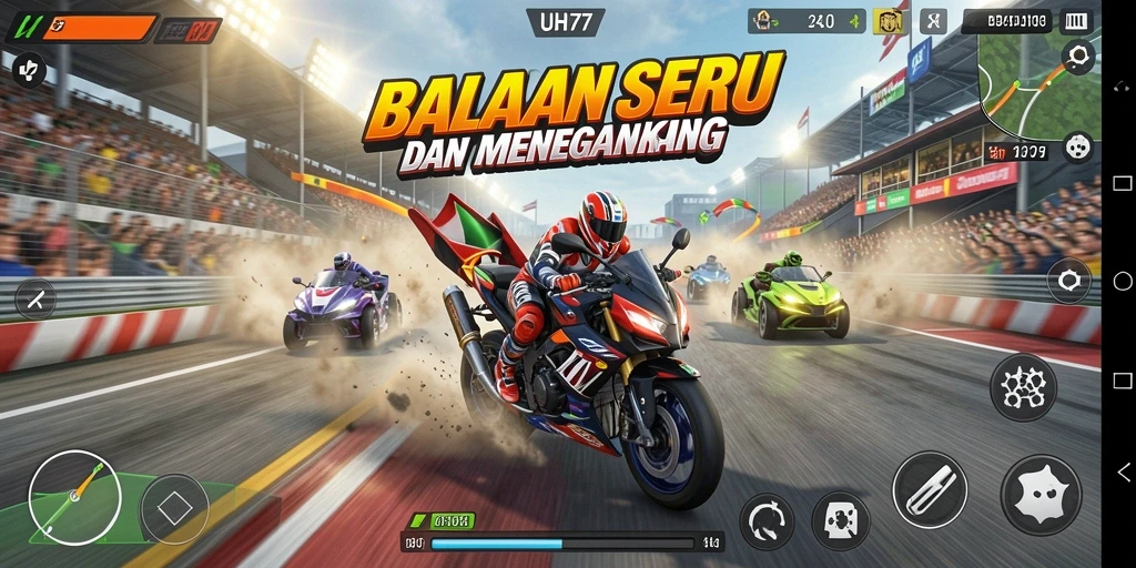 Gameplay UH77 menampilkan balapan yang mendebarkan dan grafis yang memukau.